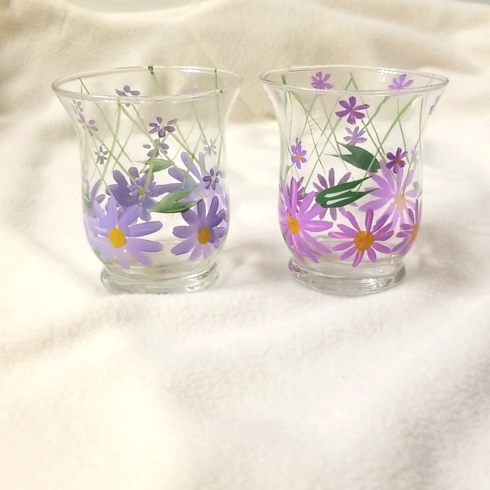 Set of Glass Hurricane Hand Painted Candle Holders